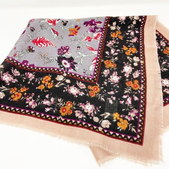 VINTAGE CHALLIS by Berkshire | Floral Black Tan Gray 29" Scarf - Picture 2 of 7